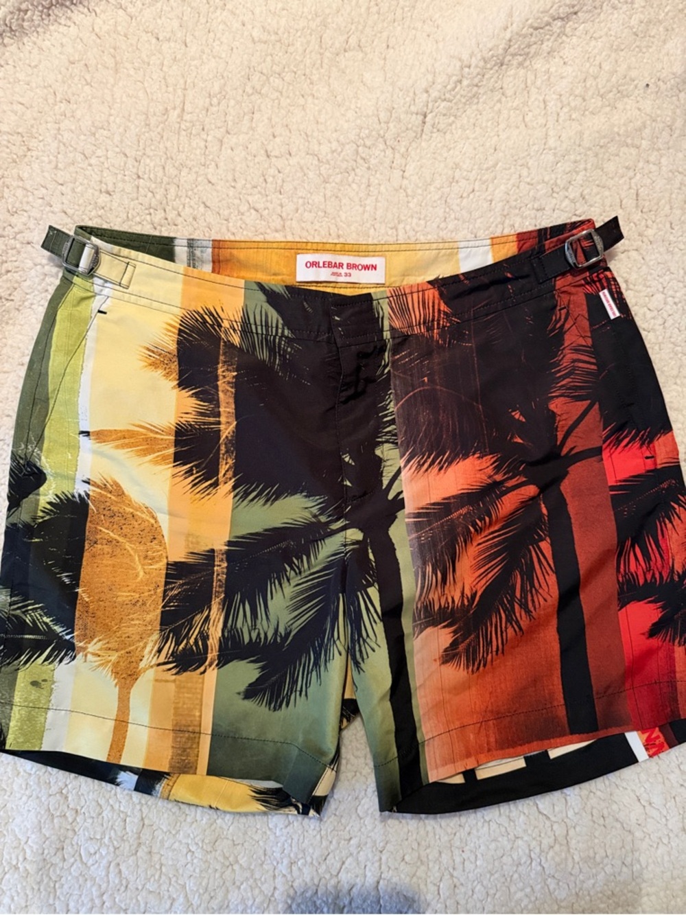 Orlebar Brown Tropical Palm Stripe Swim Shorts in Yellow, Green, Orange, Red, 33